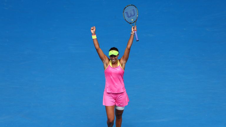 Madison Keys of the United States celebrates winning in her quarterfinal match against Venus Williams of the United Sta