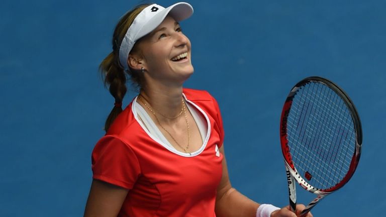 Ekaterina Makarova celebrates winning her match against Simona Halep at the 2015 Australian Open 