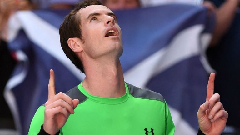 Andy Murray celebrates after beating Joao Sousa in their match on day five of the 2015 Australian Open