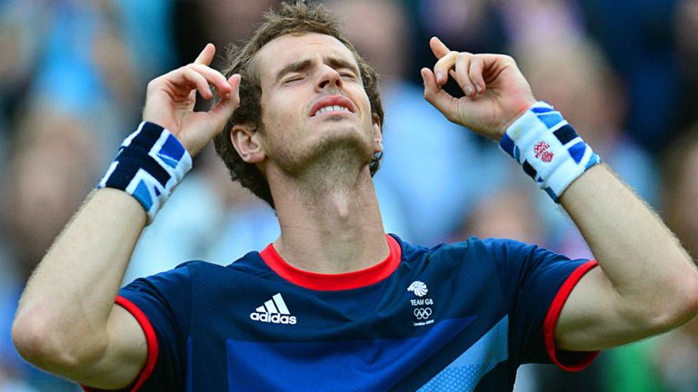 Andy Murray celebrates victory in his men's semi-final against Novak Djokovic at the 2012 London Olympic Games