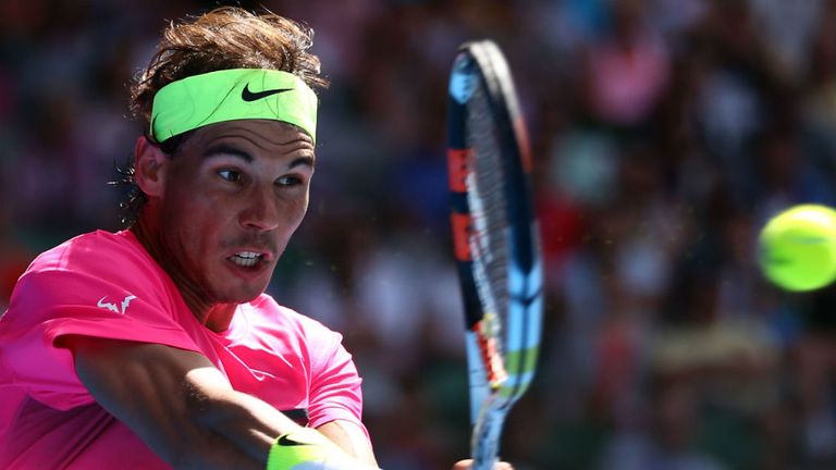 Rafael Nadal plays a forehand in his match against Mikhail Youzhny during day one of the 2015 Australian Open 