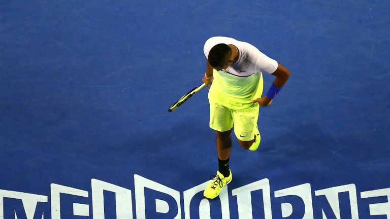 Nick Kyrgios plays a forehand in his quarter-final match against Andy Murray at the 2015 Australian Open 