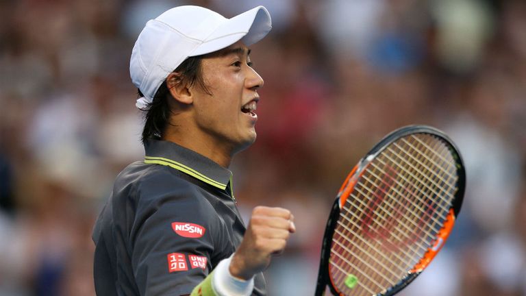 Kei Nishikori plays a backhand in his third round match against Steve Johnson during the 2015 Australian Open