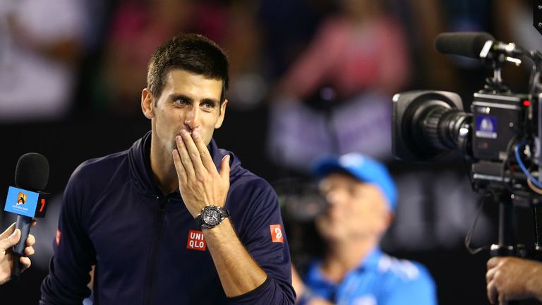 Novak Djokovic blows a kiss to the camera for his mother's bitrthday after winning his match against Fernando Verdasco