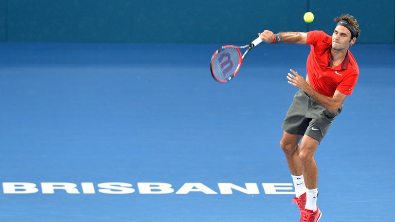 Roger Federer of Sweden serves in his match against James Duckworth of Australia during day six of the 2015 Brisbane Intenational
