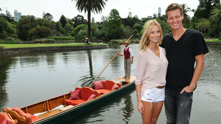 Tomas Berdych poses with his fiancee Ester Satorova at Melbourne Botanical Gardens at the 2015 Australian Open