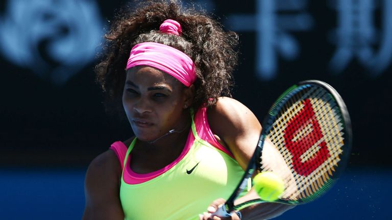 Serena Williams plays a backhand in her third round match against Elina Svitolina at the 2015 Australian Open