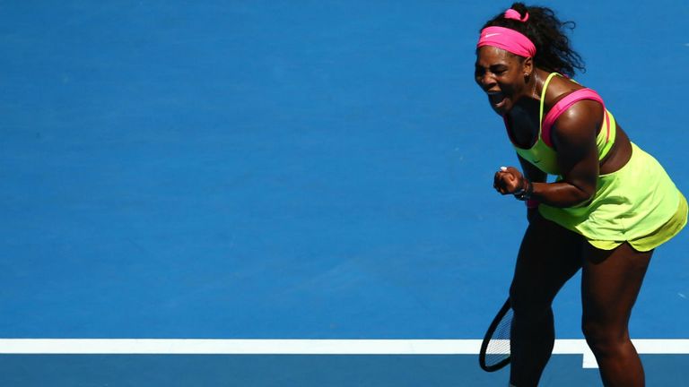 Serena Williams celebrates winning in her third round match against Elina Svitolina during day six of the 2015 Australian Open