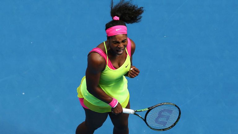 Serena Williams reacts to a point in her fourth round match against Garbine Muguruza during the 2015 Australian Open