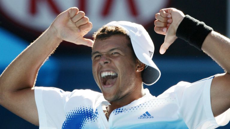 Jo-Wilfried Tsonga celebrates victory over Andy Murray at the 2008 Australian Open