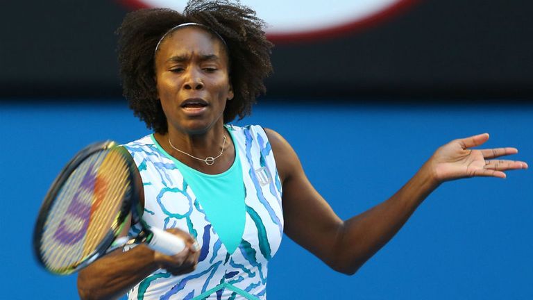 Venus Williams plays a forehand in her match against Agnieszka Radwanska during the 2015 Australian Open