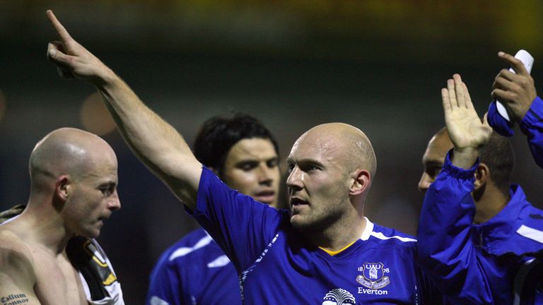 Thomas Gravesen of Everton celebrates after the Carling Cup Fourth Round match between Luton Town and Everton at Kenilw