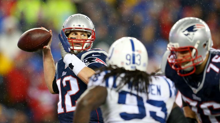 Tom Brady #12 of the New England Patriots in action against the Indianapolis Colts of the 2015 AFC Championship Game at Gillette