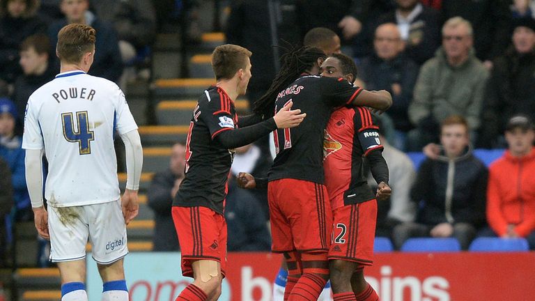 Swansea City's Nathan Dyer celebrates scoring his teams first goal against Tranmere Rovers, during the FA Cup Third Round match at Prenton Park, Tranmere.