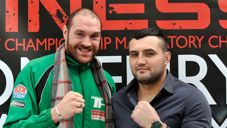 European and WBO International Heavyweight Champion Tyson Fury (left) and Christian Hammer following a press conference at Fredericks Restaurant, London.