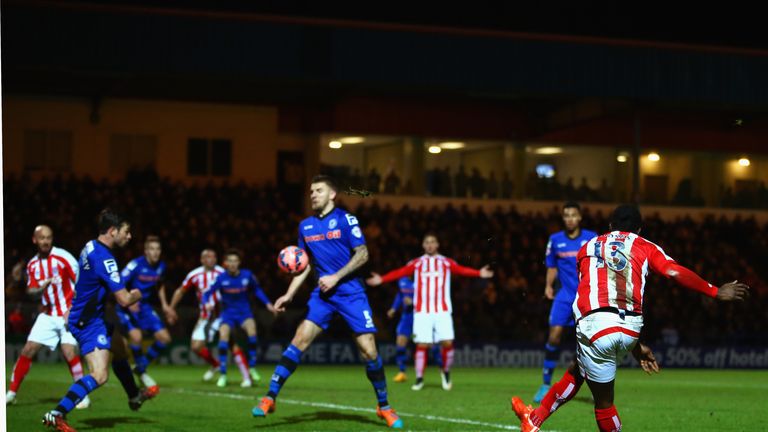 ROCHDALE, ENGLAND - JANUARY 26:  Victor Moses of Stoke City scores their third goal during the FA Cup fourth round match between Rochdale and Stoke City