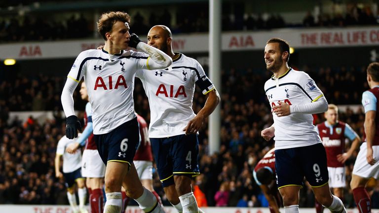 Vlad Chiriches celebrates Tottenham's third goal