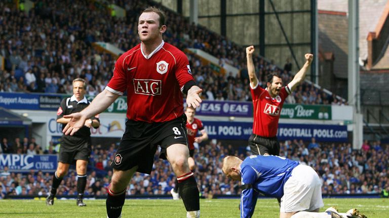 Wayne Rooney of Manchester United celebrates after scoring against Everton during their English Premiership football match