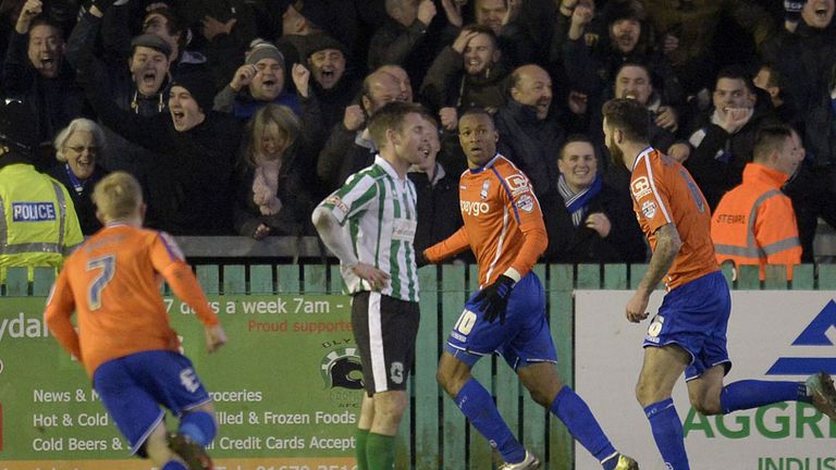 Birmingham City's Wes Thomas (centre) celebrates scoring with team-mates during the FA Cup Third Round match at Croft Park, Blyth.