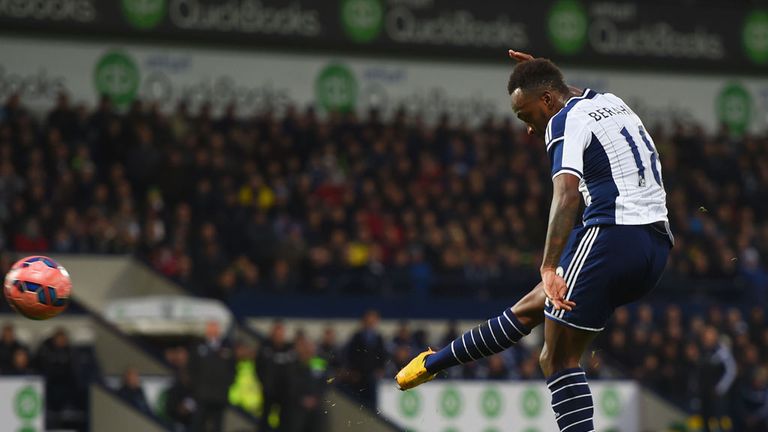  Saido Berahino of West Bromwich Albion scores their first goal during the FA Cup Third Round match between West Brom and Gateshead