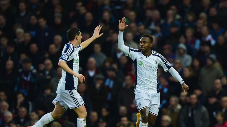 WBA's Saido Berahino celebrates with Graham Dorrans.