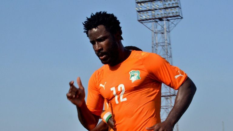 Ivory Coast's forward Wilfried Bony celebrates after scoring a goal.