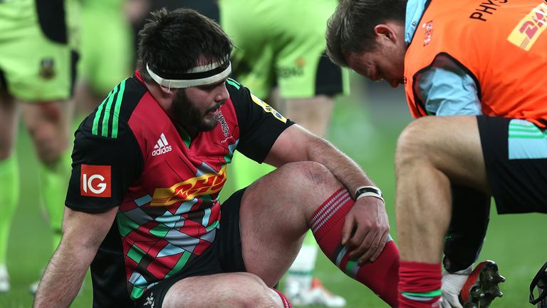 Will Collier of Harlequins receives treatment