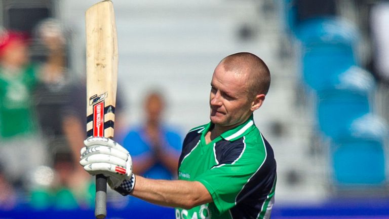 Ireland's William Porterfield acknowledges the crowds applause after reaching a century during the One Day International at The Village, Dublin.