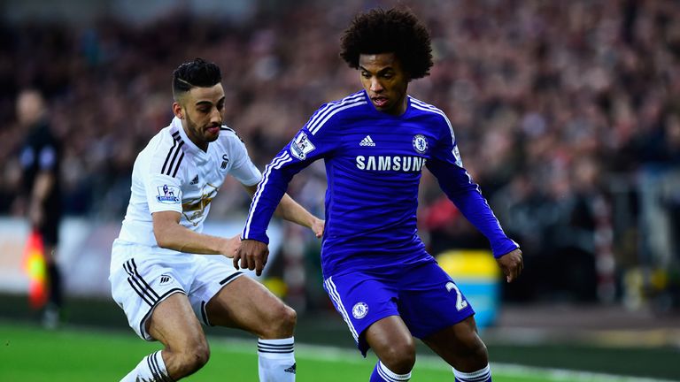Willian holds off Neil Taylortween Swansea City and