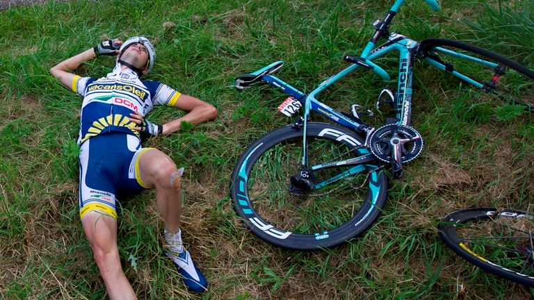 Netherlands' Wouter Poels is pictured after the crash of around 30 riders 26 km before the end of the 207,5 km and sixth stage of the 2012 Tour de France