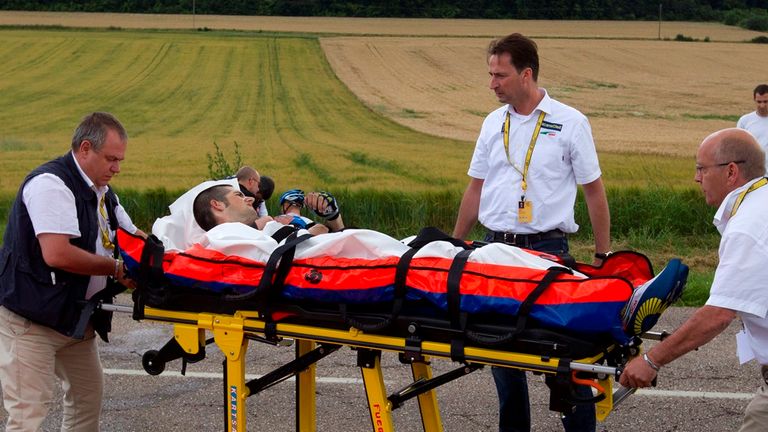 Netherlands' Wout Poels receives medical assistance in a stretcher after the crash of around 30 riders sixth stage of the 2012 Tour de France 