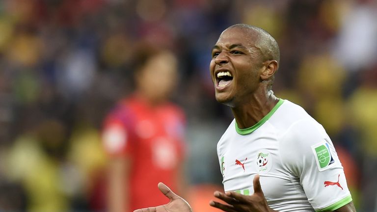 Algeria's midfielder Yacine Brahimi celebrates scoring his team's fourth goal during the Group H football match against South Korea in the 2014 World Cup