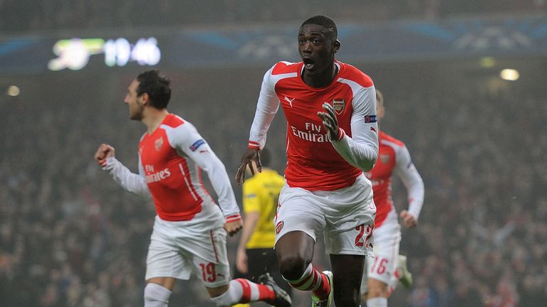 Yaya Sanogo celebrates scoring for Arsenal