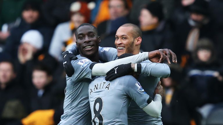 Yoan Gouffran (R) of Newcastle United celebrates his goal with team mates during the Barclays Premier League match at Hull City