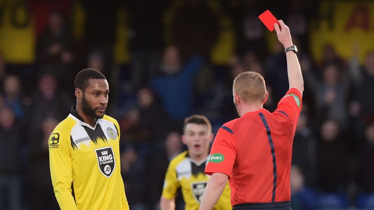 St Mirren striker Yoann Arquin is red carded against Ross County