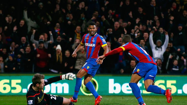 Fraizer Campbell of Crystal Palace (C) celebrates scoring the opening goal with Dwight Gayle during the FA Cup clash v Liverpool