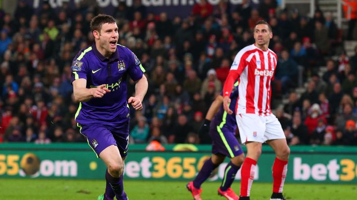 STOKE ON TRENT, ENGLAND - FEBRUARY 11:  James Milner of Manchester City celebrates after scoring his team's second goal during the Barclays Premier League 