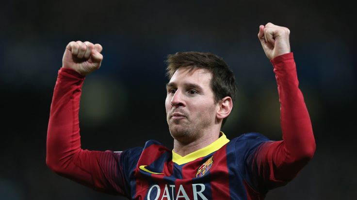 Lionel Messi of Barcelona celebrates scoring the opening goal from a penalty kick during the UEFA Champions League Round of 16 match against Man City