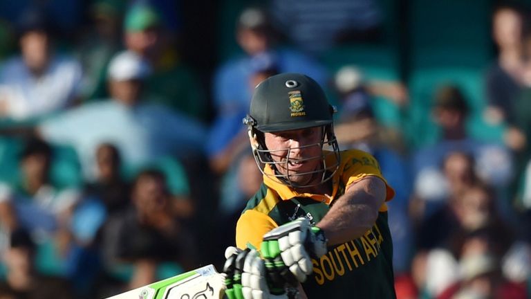 South Africa's captain AB de Villiers hits a six during the 2015 Cricket World Cup Pool B match between South Africa and the West Indies