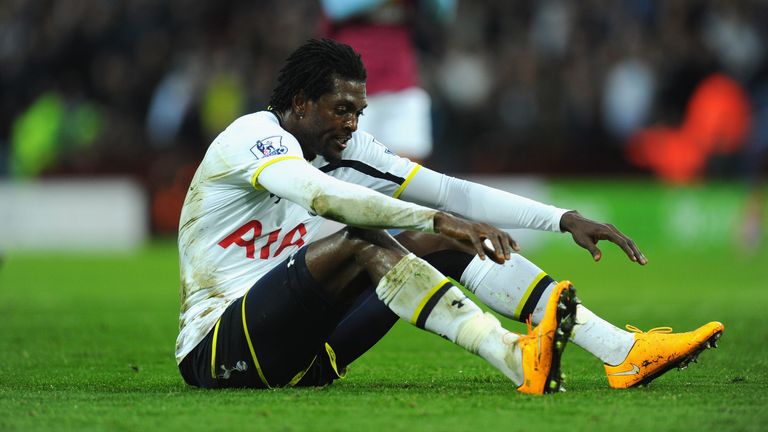 Spurs striker Emmanuel Adebayor reacts after a near miss during the Barclays Premier League match between Aston Villa and Tottenham. 