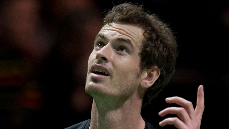 Britain's Andy Murray challenges a linesman's call in his first round match against Nicolas Mahut of France at the 42nd ABN AMRO world tennis tournament