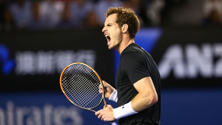 Andy Murray of Great Britain celebrates a point in his men's final match against Novak Djokovic of Serbia during day 14 of the 2015 Australian Open