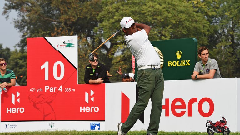 Anirban Lahiri of India plays a shot during the first round of the Hero India Open Golf at Delhi Golf Club on February 19, 2015 in New Delhi, India.
