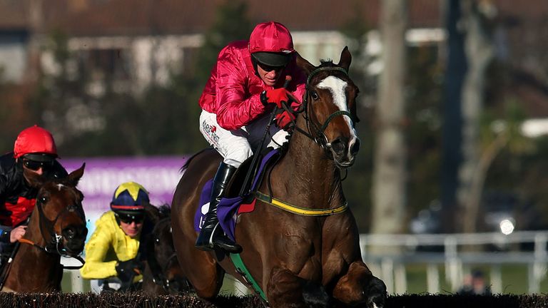Apache Stronghold, ridden by Paul Carberry, clears the last on the way to winning the Flogas Novice Chase