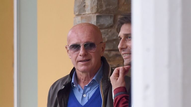 Head coach Antonio Conte (R) and Arrigo Sacchi prior to the Italy Training Session at Coverciano