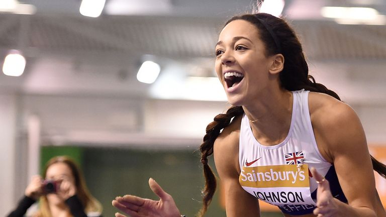 Katarina Johnson Thompson celebrates winning gold in the Women's High Jump, during day one of the Sainsbury's British Indoor Championships at the English I