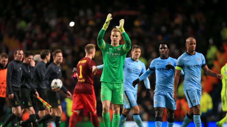 Manchester City's Joe Hart applauds the fans after the game v Barcelona during the UEFA Champions League, Round of 16 match at the Etihad Stadium
