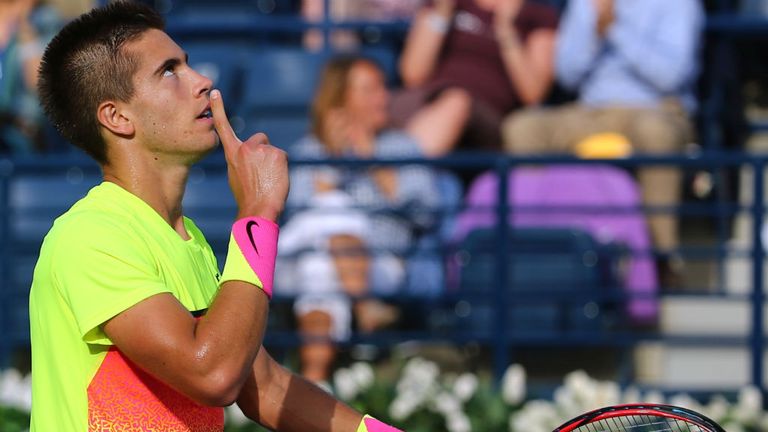 Borna Coric defeats Andy Murray during their quarter-final match at the Dubai Tennis Championships 