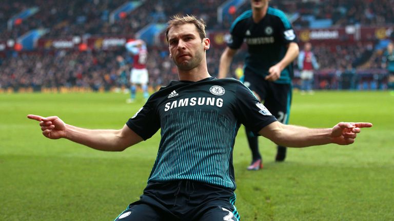 Chelsea's Branislav Ivanovic celebrates scoring his sides second goal of the game during the Barclays Premier League match at Villa Park, Birmingham.