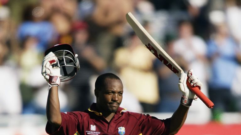CAPE TOWN - FEBRUARY 9:  Brian Lara of the West Indies celebrates his century during the ICC Cricket World Cup Opening match between South Africa and the W